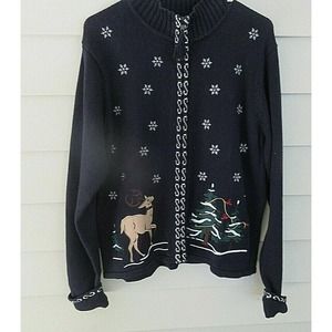 VTG Ugly Christmas Sweater Krystal Kobe Navy With Snowflakes /Christmas Trees